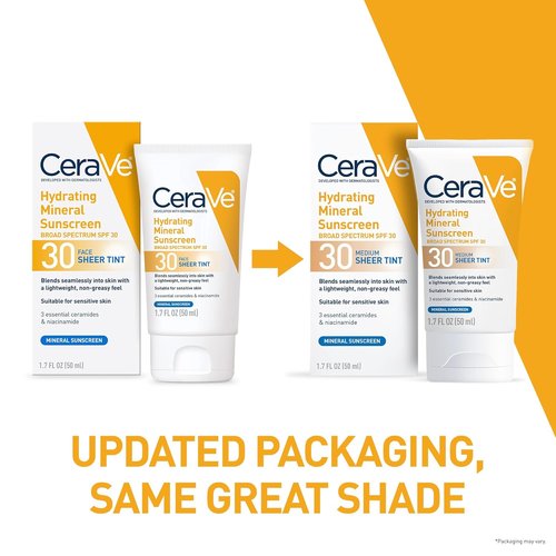 CeraVe Hydrating Mineral Sunscreen SPF 30 - Tinted Zinc Oxide Formula for a Healthy Glow | Medium, 1.7 oz