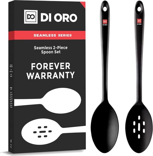 DI ORO Silicone Cooking Spoons - Heat-Resistant 600°F Non-Stick Utensils | Large Solid & Slotted (2pc, Black)
