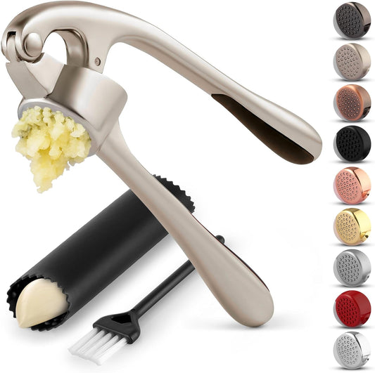 Zulay Kitchen Garlic Press Set - Rust-Proof Professional Mincer with Ergonomic Handle & Silicone Peeler | Easy-Squeeze, Easy-Clean (Silver)