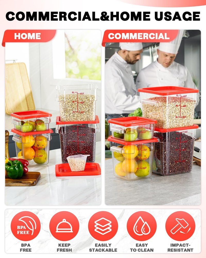 2QT4QT NSF Food Storage Containers: 8 PCS [Food Grade][Hot&Cold Resistant] Commercial Clear Square Food Storage Containers with Scales Handles for Home Restaurant Kitchen Proof Dough(BPA FREE-GREEN)