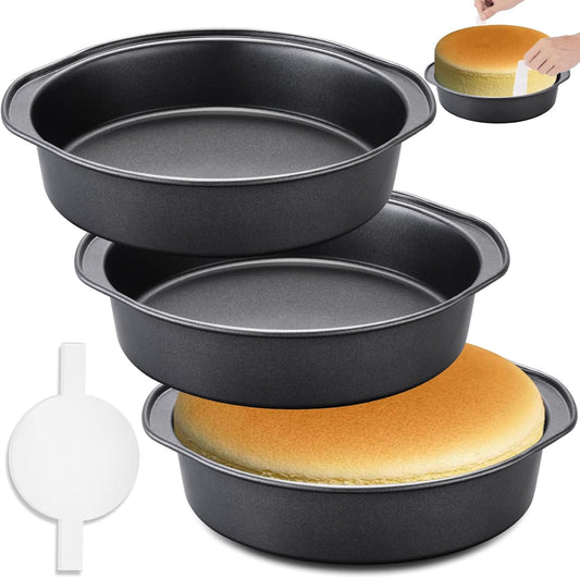 3PCS Skiennix 8-Inch Carbon Steel Round Cake Pans - Non-Stick, Easy Demolding & 100 Parchment Papers