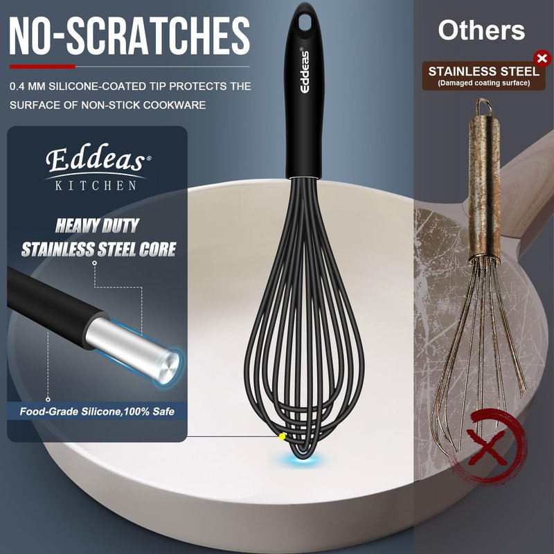 Whisks For Cooking - 500 °F Heat Resistant Silicone Whisk, Heavy Duty 7",9"&11inch Non-Scratch Balloon Kitchen Wisk tool Set, for cooking Wisking, Blending, Beating, Stirring, 3 Piece Black