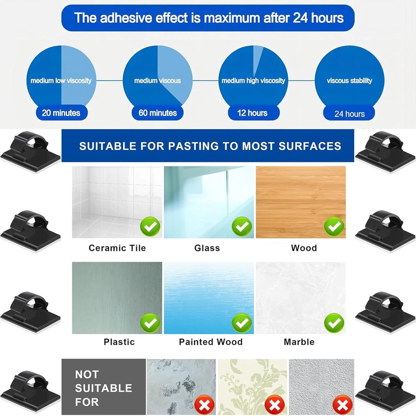 Skiennix Adhesive Cable Holder Clips - 50 Pcs Black Wire Management for Cables ≤ 6mm | Ideal for Home & Office