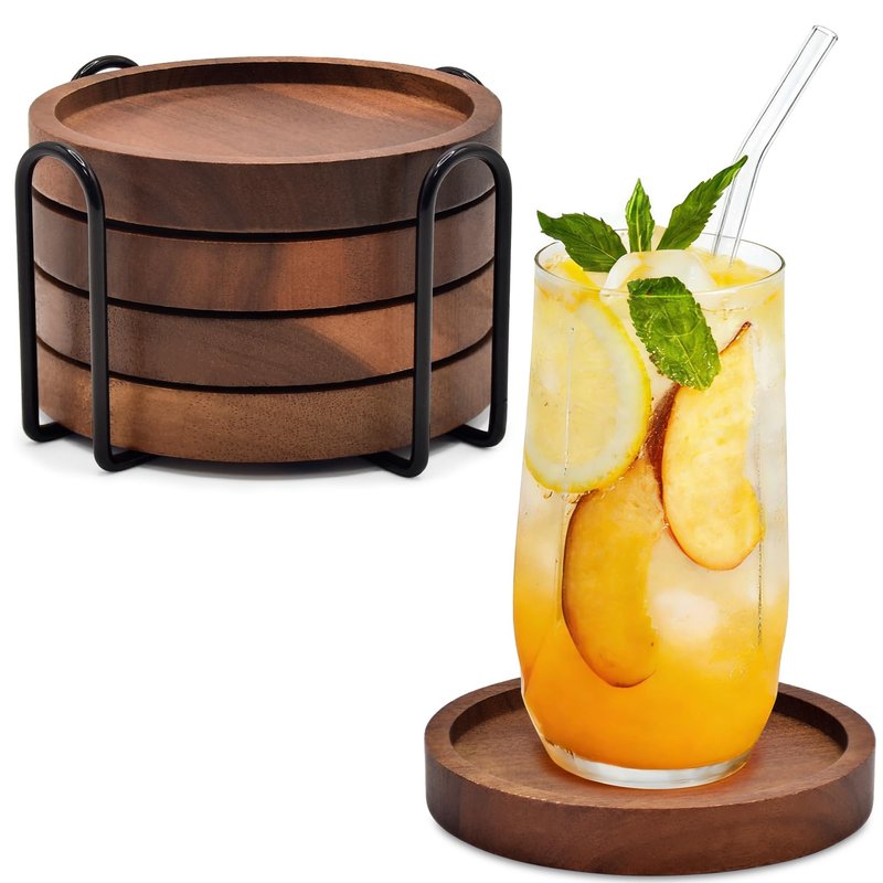 Wood Drink Coasters with Holder, Set of 4, Natural Absorbent Wooden Coasters for Drinks, Modern Rustic Farmhouse Office Bar Decor, Coffee Table Cup Coaster
