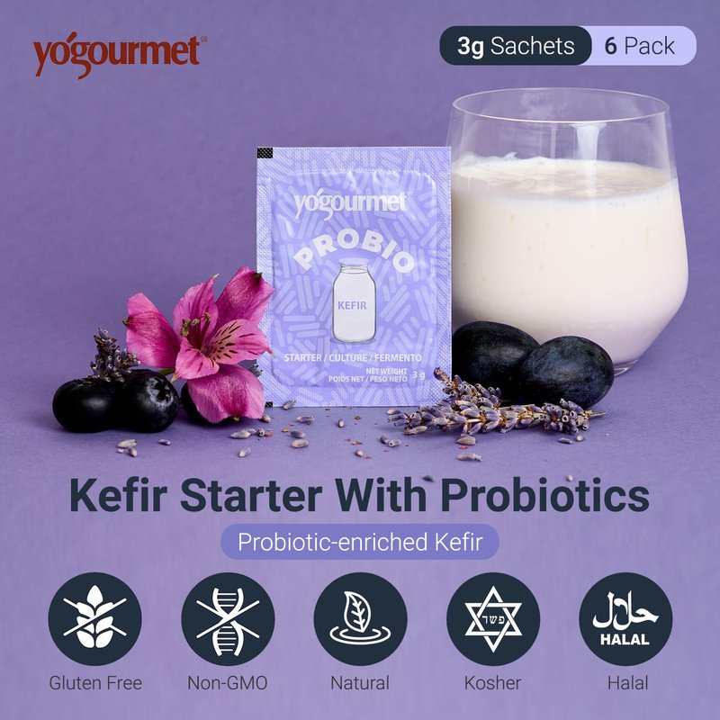 Yogourmet Kefir Starter with Probiotics (6 Sachets = 6 Quarts of Kefir) - Make Kefir at Home - Starter Culture - All Natural, Gluten Free, Kosher, Halal - 3 g Sachets