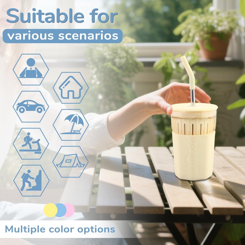 wangsdjy 15oz Glass Tumbler With Straw and Lid - Iced Coffee Cup, Smoothie Cup with Silicone Sleeve and Tea Strainer, Glass Tumbler for Smoothies, Flower tea, Coffee, Juices (Blue)