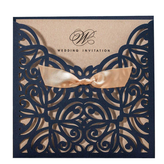 WISHMADE Jofanza 5.9x5.9 Inch 50PCS Navy Blue Laser Cut Wedding Invitation Cards with Bowknot and Envelopes Kraft Paper Blank invitation for Wedding Engagement Party Invite
