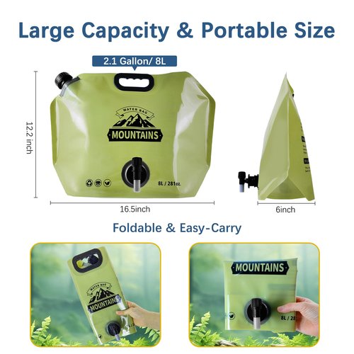 Coipdfty Water Jug Camping 2.1 Gallon Collapsible with Spigot, BPA Free Portable Water Pouch Foldable Water Bags for Outdoor Hiking, Travel and Emergency & Water Storage Containers (Green-1Pcs)