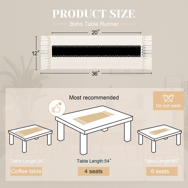FEXIA Boho Table Runner for Home Decor with Tassels 36 Inches Long,Black Farmhouse Rustic Table Runner Macrame Burlap Table Decoration for Living Room Bridal Shower(12x36 Inches)