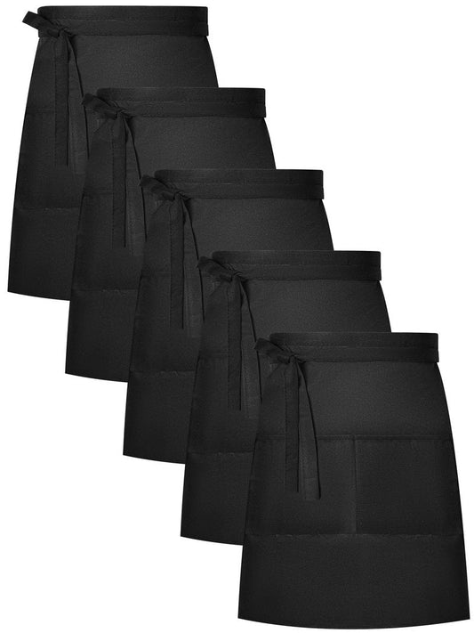 Twistover 5 Pack Half Bistro Aprons with 2 Pockets Unisex Black Server Apron with Extra Long Front Waist Ties for Men Women