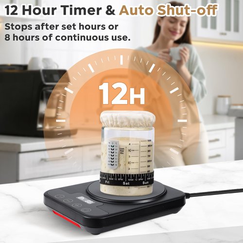 Electric Sourdough Starter Warmer Mat Thermostat Control(70-100°F) Sourdough Warming Pad, Smart Memory Warming Heating Pad Mat 12h Timer, Auto Shutoff, Sour Dough Heater Proofing Tool for Home Baking
