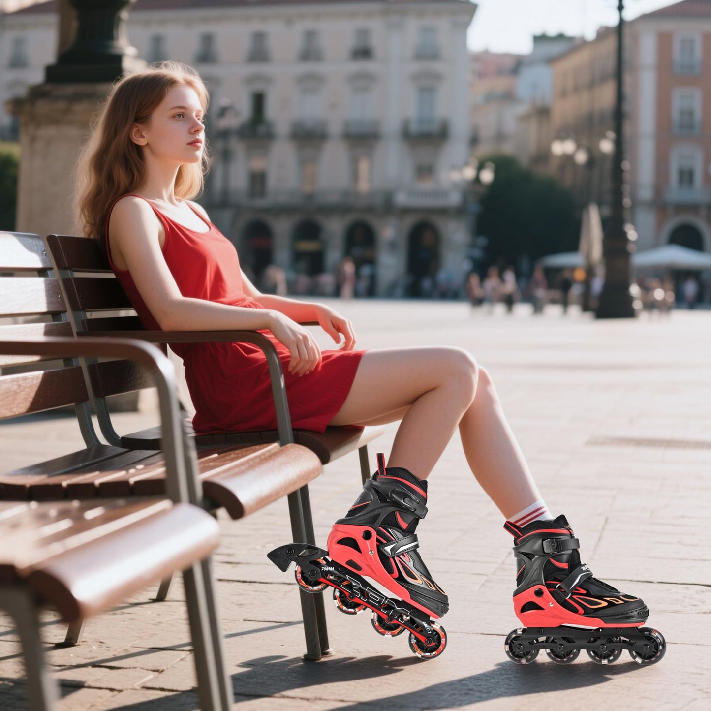 2PM SPORTS Vinal Inline Skates for Girls Boys Kids Ages 5-8 8-12 with Adjustable Illuminating Wheels, Inline Roller Skates for Youth Women Men - Red Large