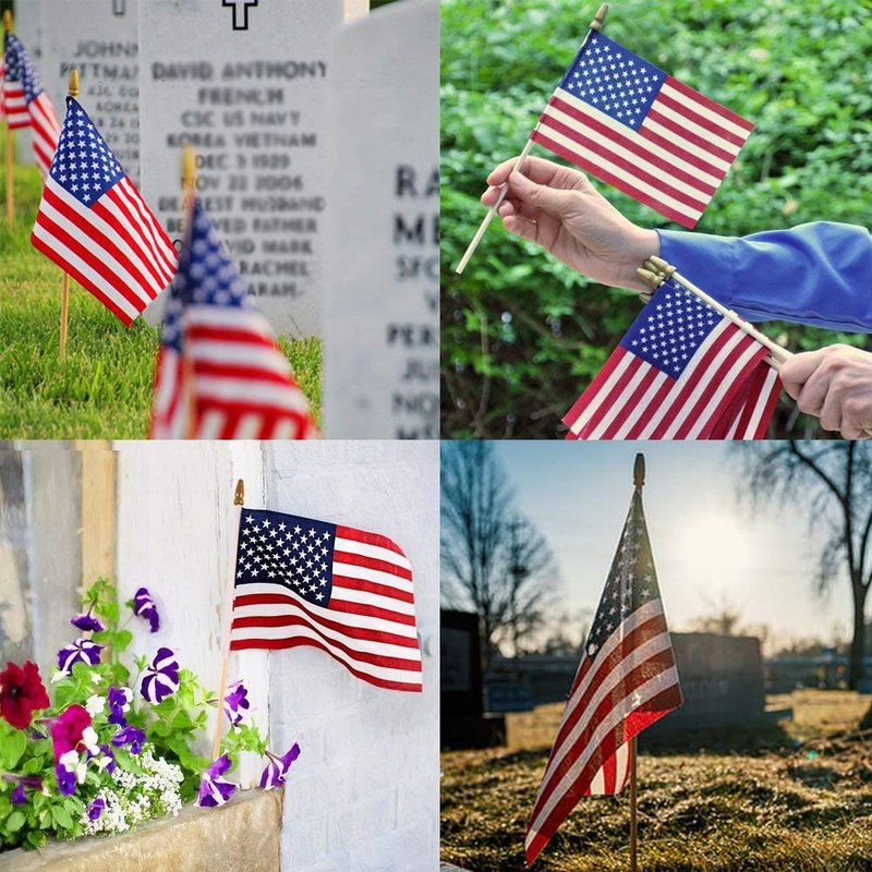 Small American Flags on Stick 5x8 Inch/12 Pack - Mini Ameirican Flags/Handheld American Wooden Stick Flag with Safe Spear Top for July 4th Decoration, Veteran Party, etc.