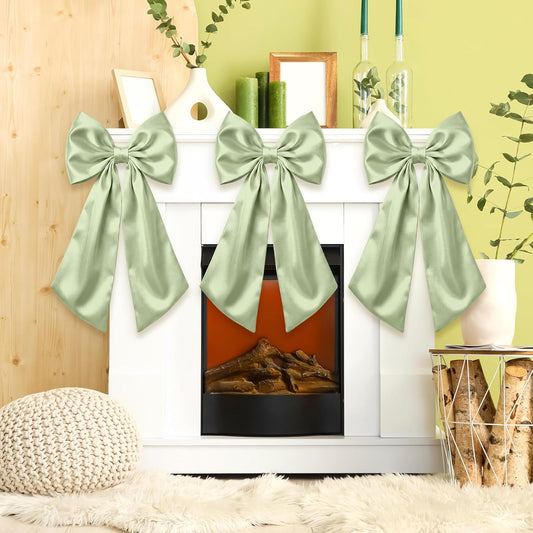 Suncalla Large Sage Green Satin Bow Decorations - 3 Pcs | 2 FT Hanging Wall Decor for Weddings & Parties