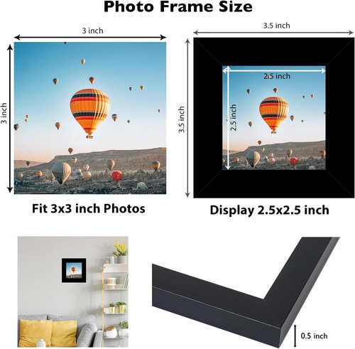 JCJMY 3x3 Black Picture Frame - Sturdy Tabletop Design with Shatter-Resistant Plexiglass