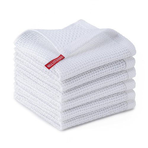 BOOMIBOO 6-Pack Kitchen Dish Cloths, 100% Cotton Waffle Weave, Ultra Soft Absorbent, Quick Drying Dish Towels, 12x12 Inches,White