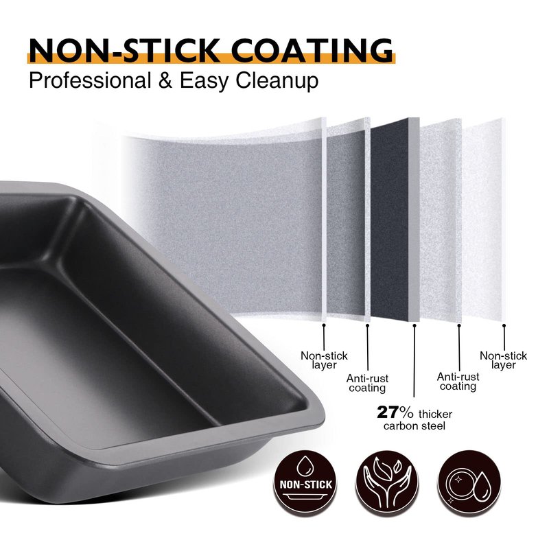 HONGBAKE 8x8 Cake Baking Pan Set, Nonstick Square Brownie Pans with Wider Grips, 2 Pieces, Heavy Duty, Grey