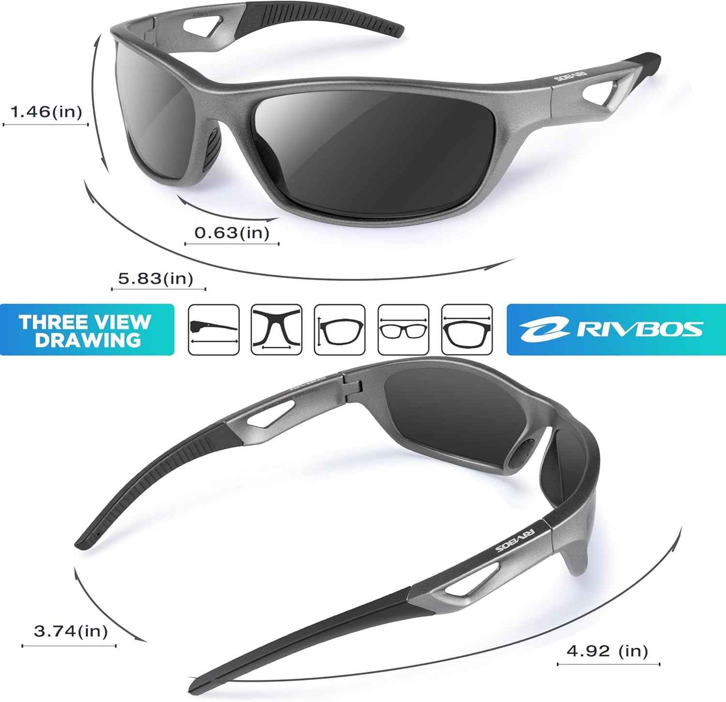 RIVBOS Polarized Sports Sunglasses for Men & Women - TR90 Frame for Cycling, Fishing, Running