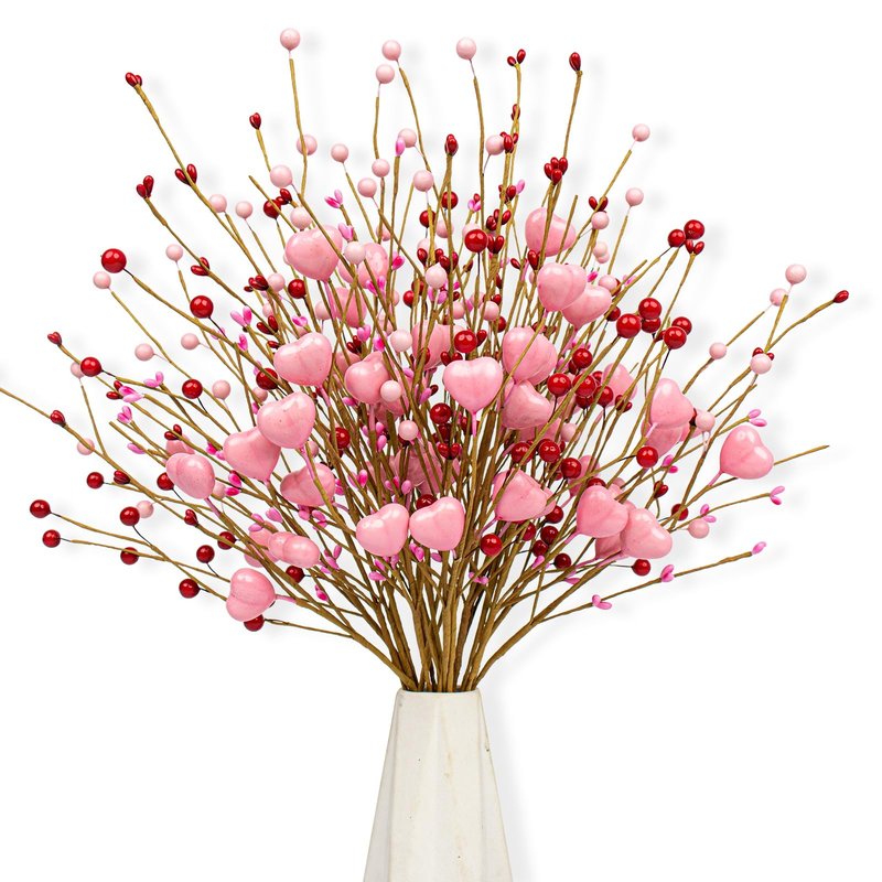 J'FLORU Valentine's Day Gifts Valentines Day Decorations 24 Pack Pink Heart Shaped Berry Picks with Red Berries for Valentines Day Wedding Candlelight Dinner Anniversary