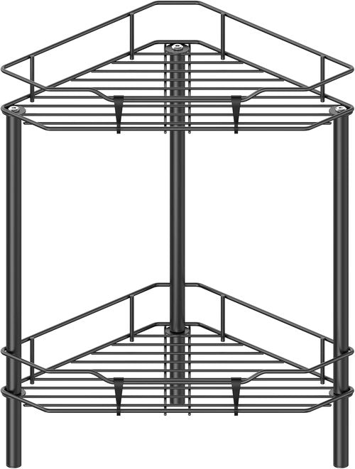 HuggieGems Corner Shower Caddy Organizer - 2 Tier Floor Stand with Hooks | Stylish Black Bathroom Shelf