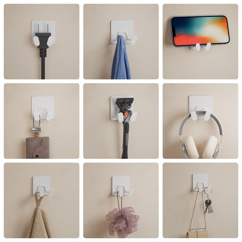 susswiff Adhesive Shower Hooks for Inside - Extra Sticky Stainless, Razor Holder Shower Accessories, Wall Mounted Self-Adhesive Double Hooks for Razor, Loofah, Towel, Shaver, Coat, Key, White, 4 Pack