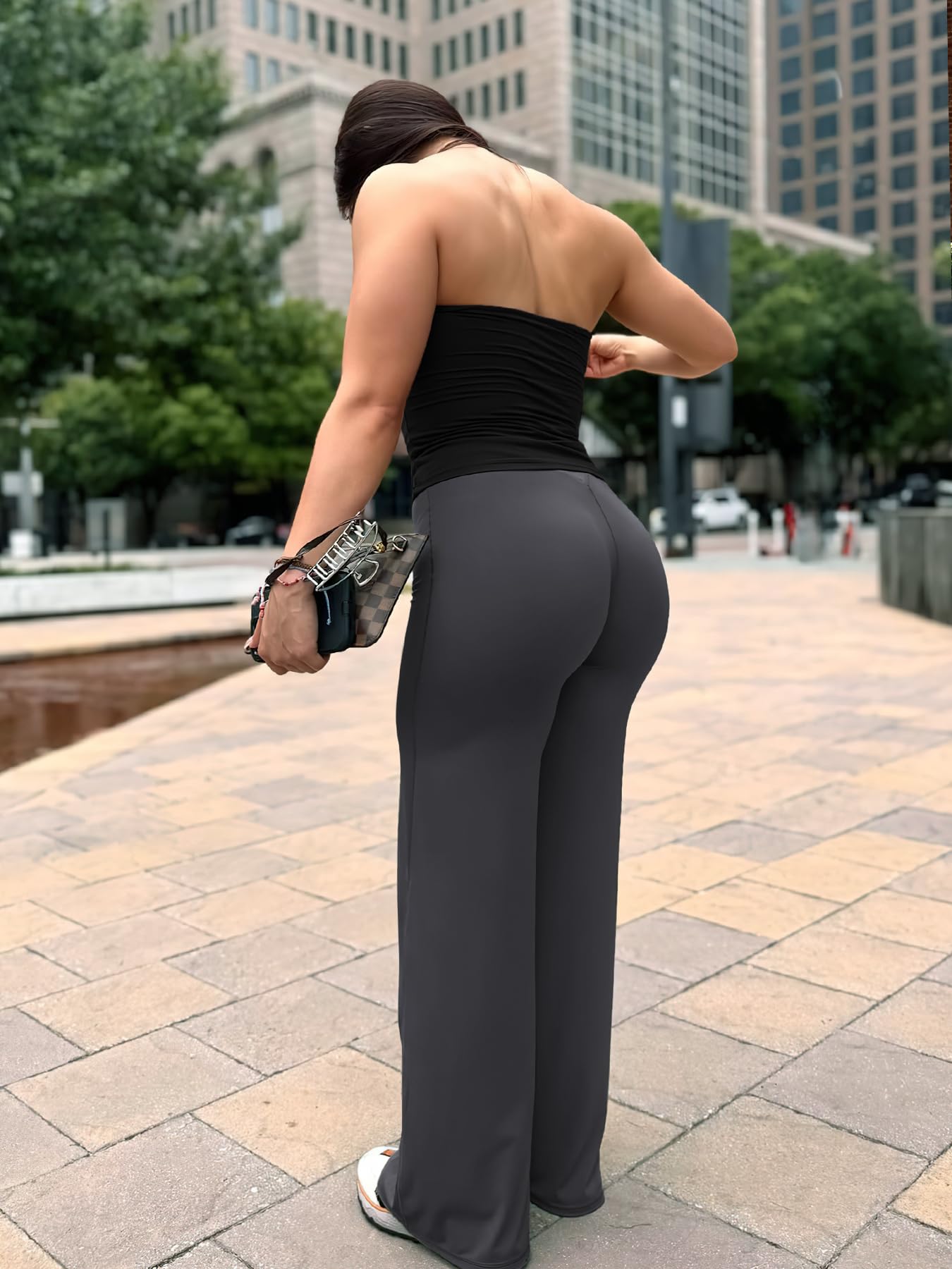 YEOREO Workout Leggings Womens No Front Seam Straight Leggings 33" High Waist Buttery Eddiy Gym Yoga Pants Dark Gray M