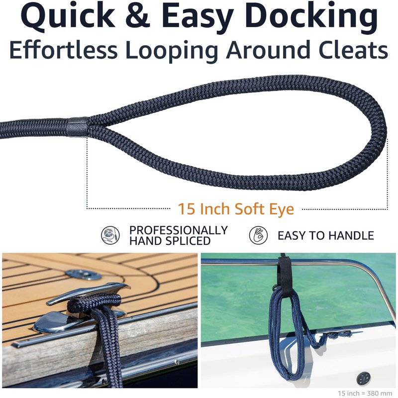 PACTHSD Double Braid 5/8" x 15' Boat Dock Lines (2-Pack) – Nylon Boat Ropes for Docking with 15" Spliced Eye – Heavy Duty Marine Rope – Soft & Durable Boat Lines for Pontoon and Light Boat (Navy Blue)