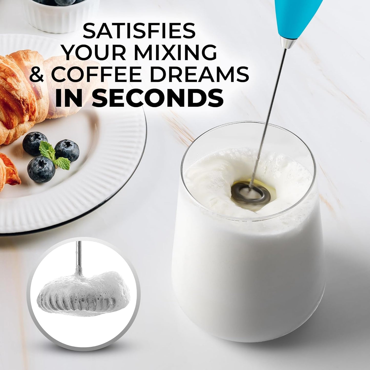 Zulay Kitchen Milk Frother Wand - Ultra-Fast Handheld Electric Whisk for Coffee, Lattes & Matcha - Love Coffee Blue