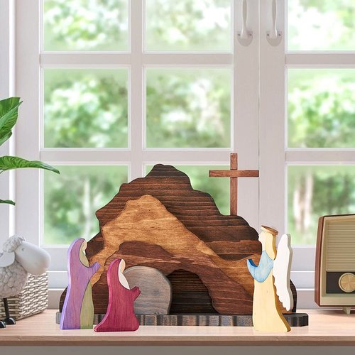 Easter Scene Wooden Decoration, Easter Religious Jesus Nativity Scene Decoration, Manger Creche Nativity Scene Montessori Inspired Wedding, Spring Christian Home Figurine Ornament Cross Easter Craft