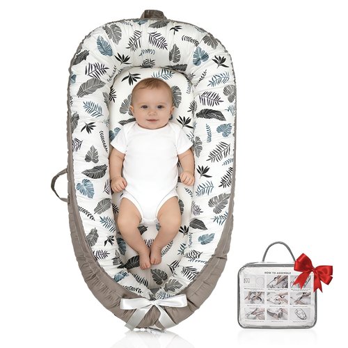 Infant Support Cushion - Reversible & Adjustable Baby Tummy Time Mat | Portable, Soft, Washable Cover | Grey Leaves