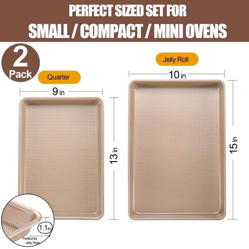 JOHO BAKING Cookie Sheets for Baking Nonstick, 2 Pack Heavy Duty 0.8mm Baking Sheet Pan Set Quarter(9x13in) & Jelly Roll(10x15in) with Diamond Texture, Gold Commercial Grade, Small Oven Safe