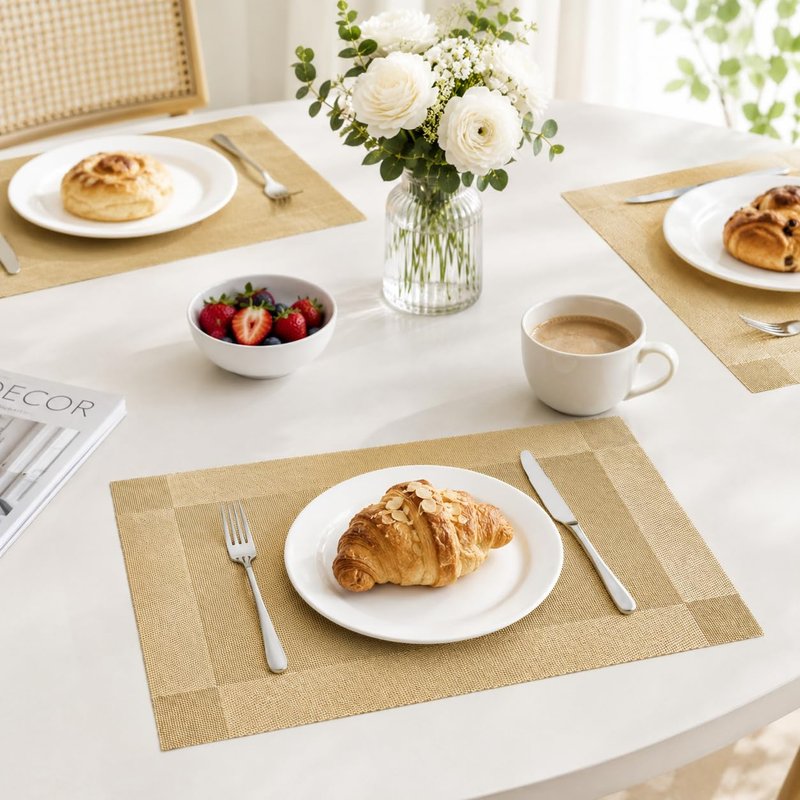 FGSAEOR Champagne Gold Table Placemats Set of 6, Woven Pattern 12 x 18 Inch, Washable Heat Resistant Dining Place Mats for Kitchen Table Decor
