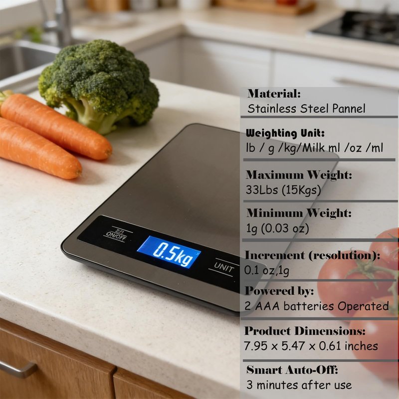 Kitchen Food Scale 33lb/15kg, High Precision 1g Digital Weight Scale with Timer & Backlit LCD, Stainless Steel, Tare & Unit Conversion (g/oz/ml/lb) for Pet Care or Cooking Baking Coffee Meat Bread