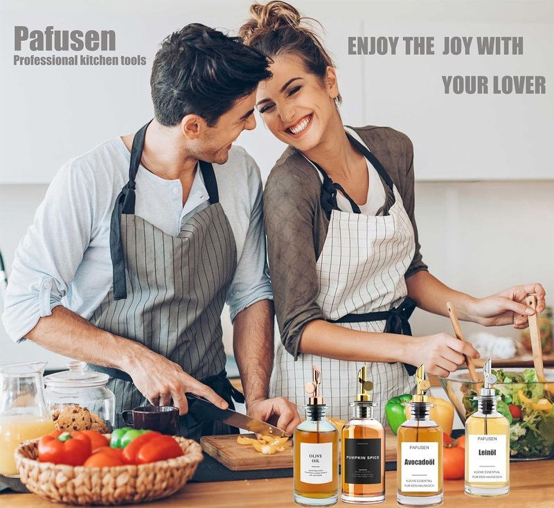 Pafusen 2 Pack Olive Oil Dispenser Bottle, 12 oz Oil Bottles for Kitchen, Glass Oil Coffee Syrup Dispenser, Simple Syrup Bottles with 2 Auto Flip Olive Oil Pourers, Gold