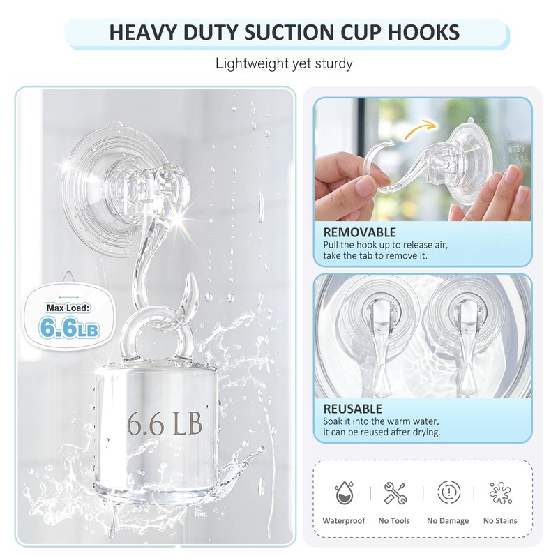 VIS'V Suction Cup Hooks, Small Shower Suction Hooks with Wipes, Heavy Duty, Removable and Reusable, Clear, 4 Pcs