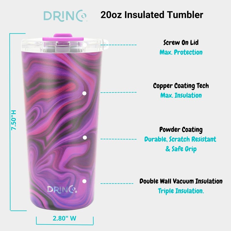 Drinco - 20 oz Stainless Steel Tumbler | Double Walled Vacuum Insulated Mug With Lid, 2 Straws, For Hot & Cold Drinks (20oz Purple Swirl)