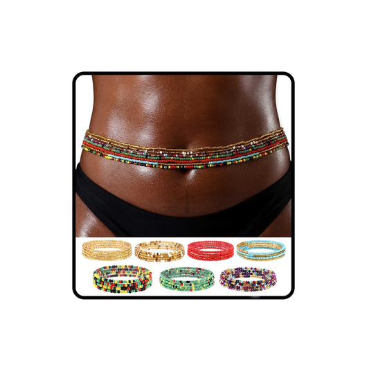 ELABEST Plus Size African Waist Beads Chain Layered Belly Body Chain Beach 7Pack Waist Jewelry Body Accessories for Women and Girls (47inch/120cm)