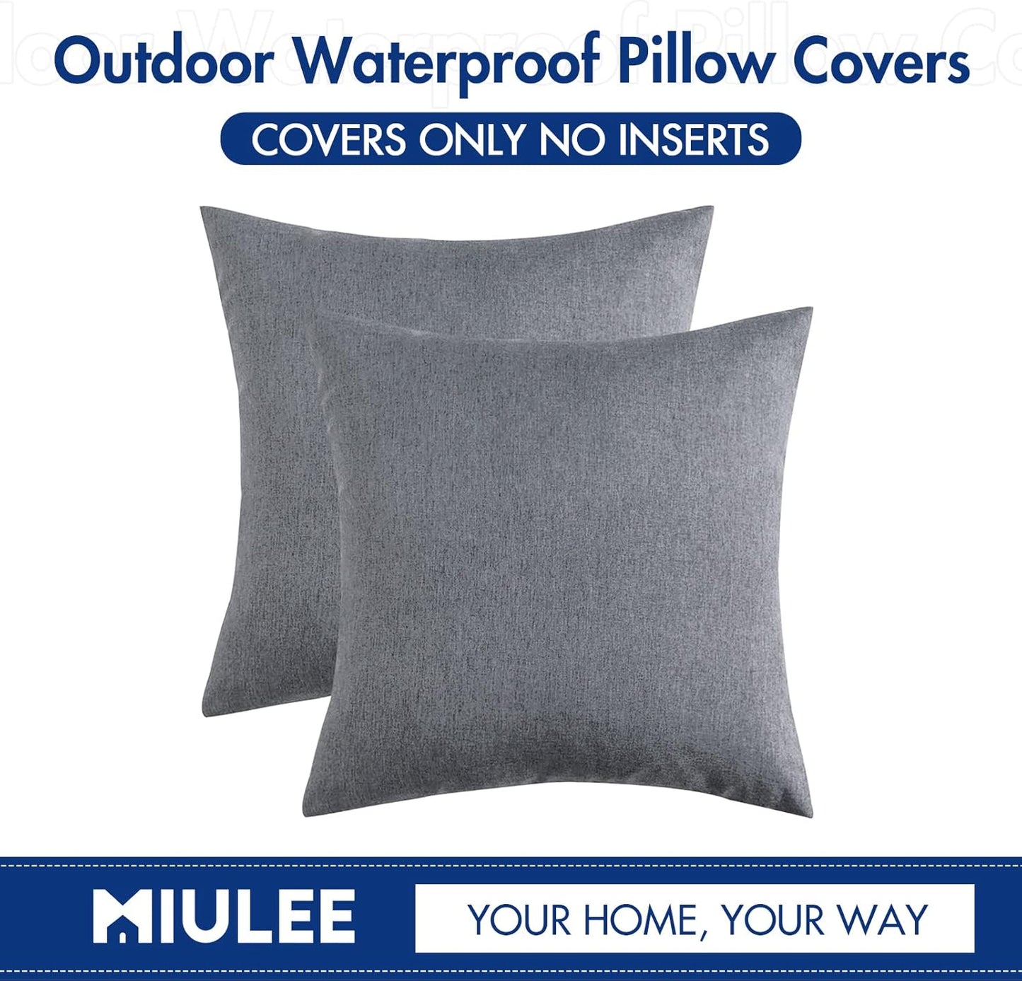 MIULEE Decorative Outdoor Throw Pillow Covers - Waterproof Faux Linen Cushion Cases | 18x18 Inch Dark Grey (Pack of 2)