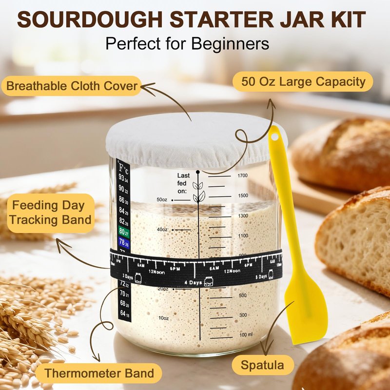 Sourdough Starter Jar, 50 oz Large Sourdough Jar with Time Keeper, Thermometer, Scraper, Wide Mouth Glass Sourdough Starter Kit for Beginners and Professional Bakers