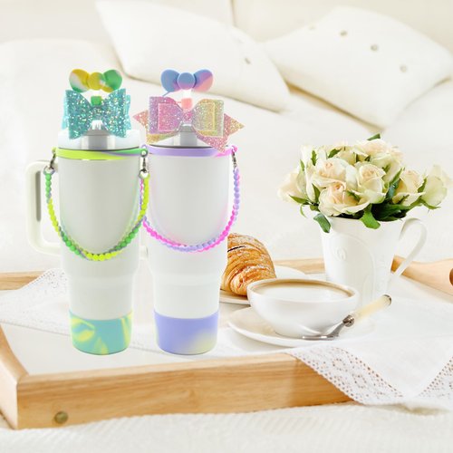 4pcs Stanley Cup Accessories Set, Silicone Bow Straw Cover 10mm for 30&40 oz tumbler with Boot & Water Bottle Handle Strap, Bling Stanley Charms (Green Gradient)