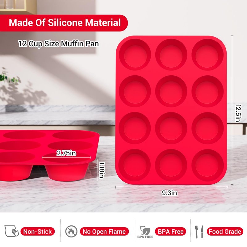 Redfly 2 Pack Silicone Muffin Pans for Baking & Cupcake Pan - 12 Cup Regular Size Silicone Molds, BPA Free Egg Bites Mold