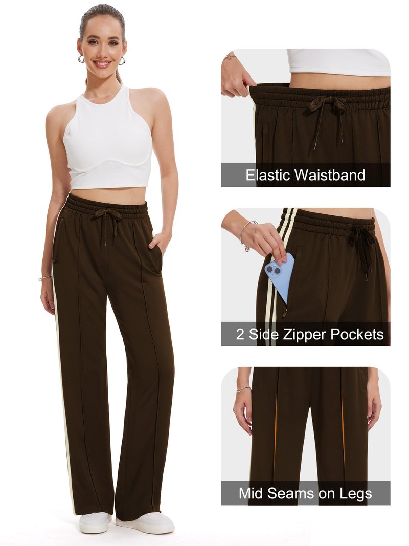 Tapata Petite Womens 28" Inseam Track Pants Relaxed Fit Striped Workout Sweatpants Baggy Trousers with Zipper Pockets, Brown, L