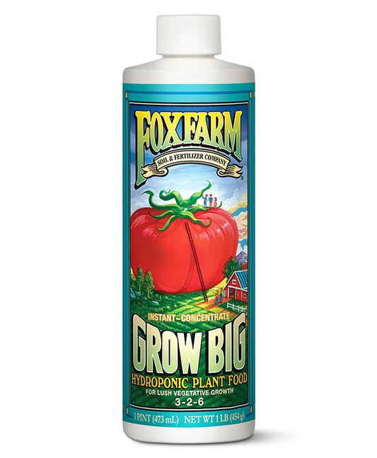 FoxFarm Grow Big Hydroponic Plant Food - 3-2-6 Liquid Plant Fertilizer for Lush Vegetative Growth in Hydroponic Systems - Liquid Concentrate with Earthworm Castings & Micronutrients - 1 Pint