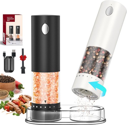 CIRCLE JOY Electric Salt and Pepper Grinder Set - Rechargeable Mills with 6-Level Coarseness & LED Light | Black & White