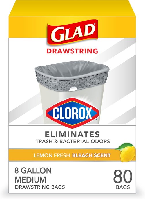 Glad Medium Trash Bags - 8 Gallon Lemon Fresh Bleach Garbage Bags | Odor-Resistant with Drawstring, 80 Count