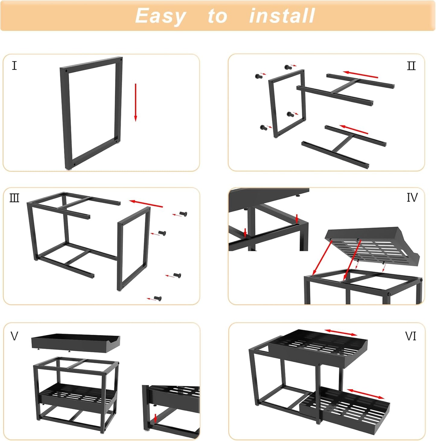 Skiennix 2-Tier Bathroom Organizer - Metal Under Sink Storage with Pull-Out Drawers | Black, 2 Pack