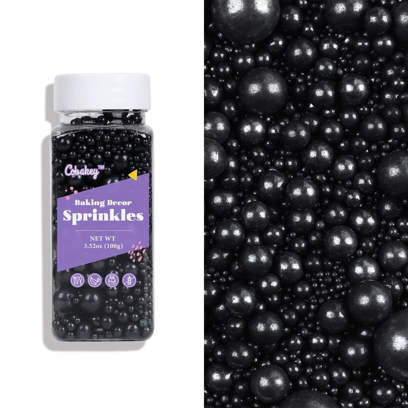 Cobakey Black Sprinkles for Cake Decorations Edible Pearl Sprinkles for Cupcake Toppers Wedding Party Valentines Halloween Christmas Supplies 3.52 ounce