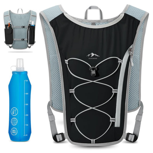 RAINSMORE Running Hydration Vest with 500ml Soft Flask, Waterproof Phone Pocket, Lightweight Hydration Pack, Adjustable No-Bounce Straps for Trail Running, Marathon, Cycling Black