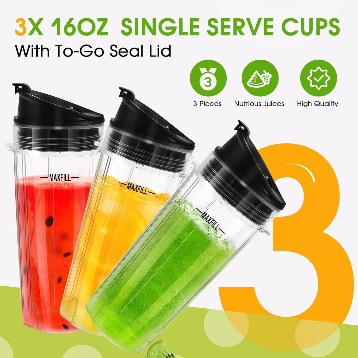 Ninja Blender Cups - 16oz Replacement Cups with Lids | 3-Pack Compatible with QB3001SS, BL770, BL780, BL660, BL740, BL810, Nutri Ninja Series