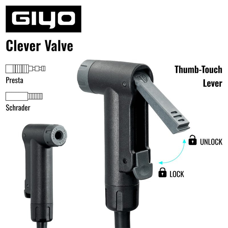 GIYO Bike Floor Pump - 3" Dual Scale Gauge - Road & MTB | One Handed Operation -Clever Valve for Presta & Schrader | Max 160PSI Steel Barrel (GF27)